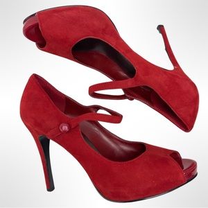 Nine West- Peep Toe Stilettos-Red faux Suede Women’s sz. 8